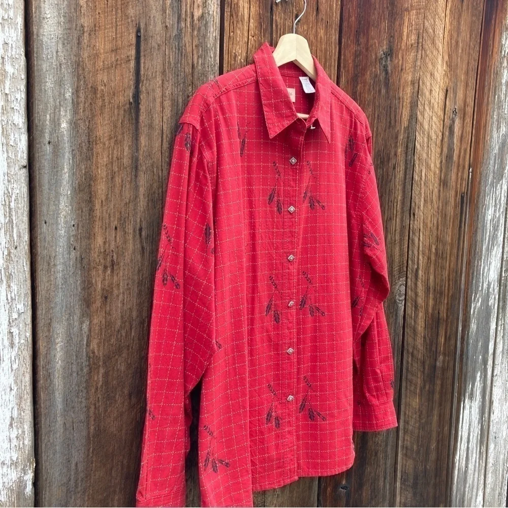 Vintage Wrangler Red feather pattern Button Up Shirt Size XL women's - Picture 3 of 12